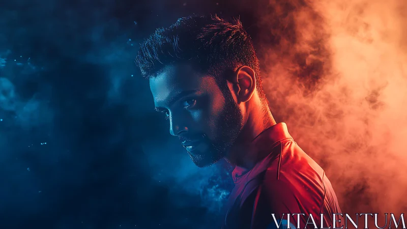 Moody portrait glows between cool blue and fiery orange light