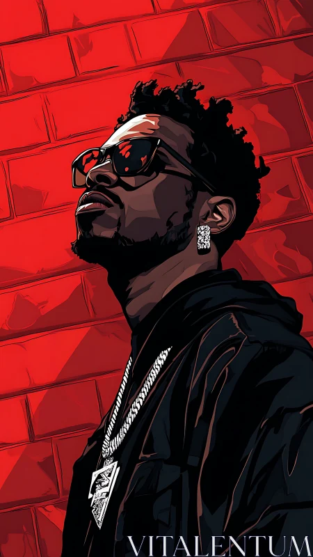 Stylized portrait of man in sunglasses before red wall.