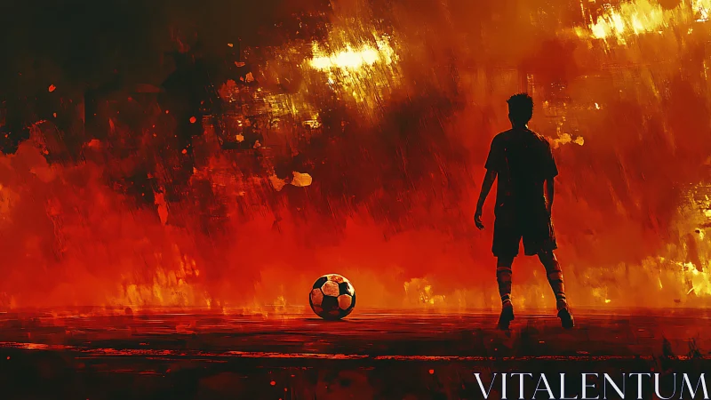Silhouetted youth footballer before blazing abstract stadium sky