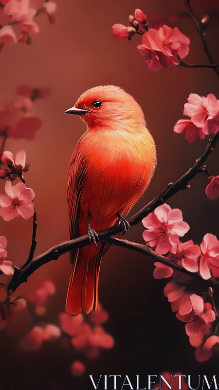 Scarlet songbird on cherry blossom branch, shallow depth of field.
