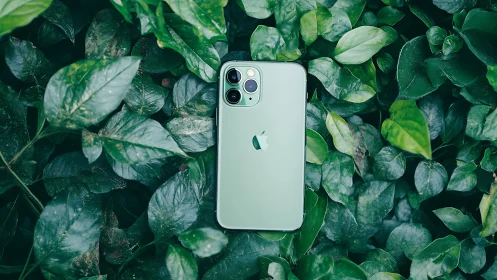 Modern iPhone 11 Pro shines amid lush green leaves