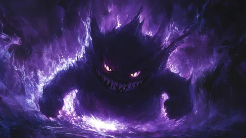 Mischievous purple spirit emerging from swirling shadows.