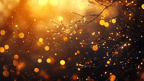 Backlit tree branches with golden bokeh particles in dusk light.