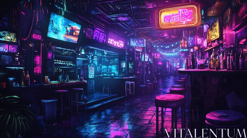 Neon drenched cyberpunk alley bar with glowing signage.