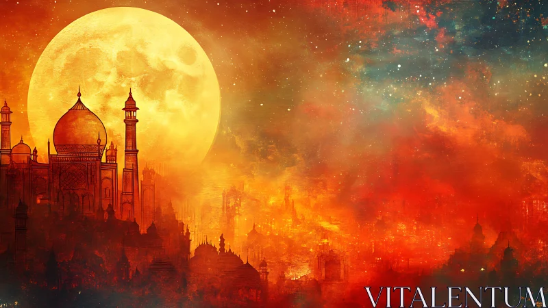 Moonlit domed palace silhouette against red cosmic sky.