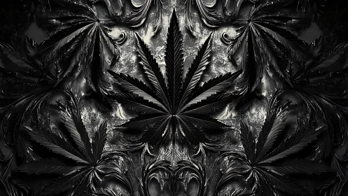 Black metallic cannabis leaves form dark mirrored mandala