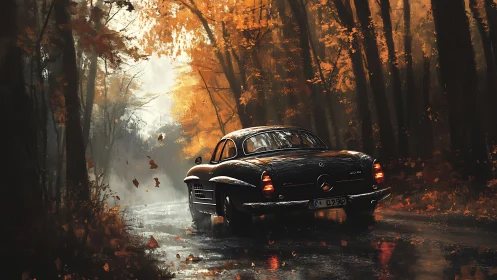 Classic coupe glides through misty autumn forest road.