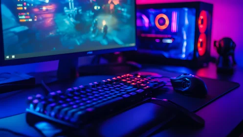 RGB gaming desktop setup glows in dark neon room