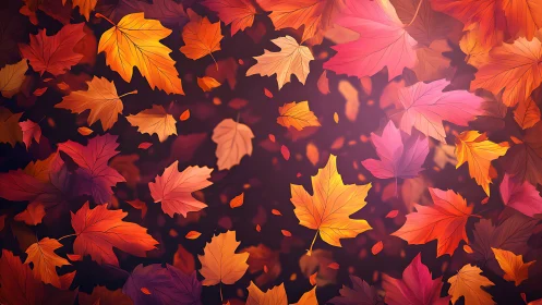 Gentle tumble of glowing autumn leaves in cozy twilight.