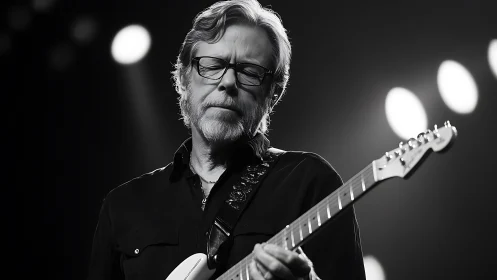 Monochrome stage portrait of guitarist under soft backlighting
