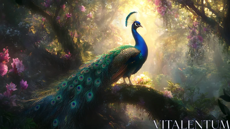 Radiant peacock stands in a dreamlike, sunlit forest glade