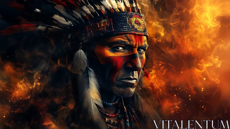 Fiery warrior portrait amid swirling inferno hues.