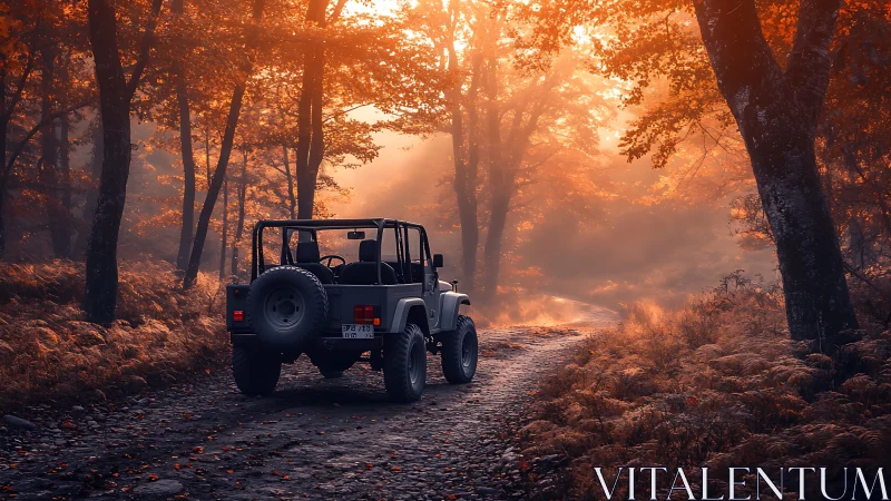 Jeep vehicle positioned on forest road beneath autumn canopy