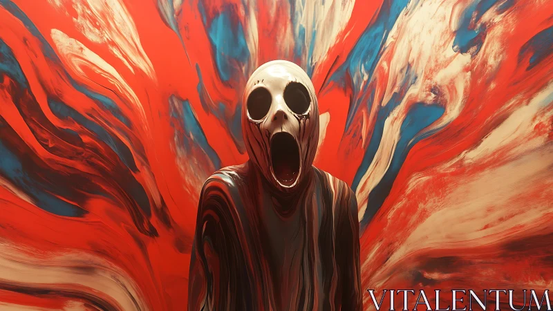 Surging colors swirl behind a haunting masked figure in motion