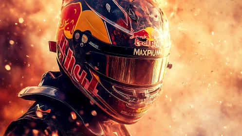 Racing helmet close-up with reflective visor amid dynamic fiery particles