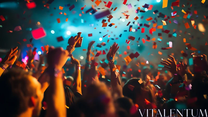 Confetti-bright crowd dancing together under concert lights.
