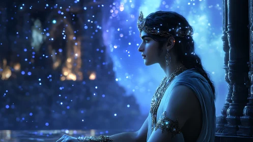 Luminous blue-lit princess in jeweled regalia by reflective pool
