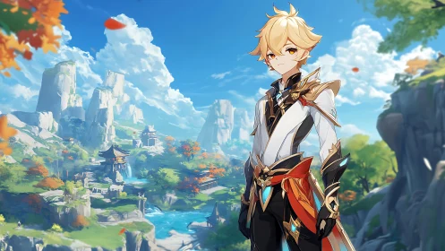Blond anime hero stands before bright mountain valley landscape