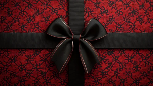 Elegant black bow rests on ornate red floral gift wrap