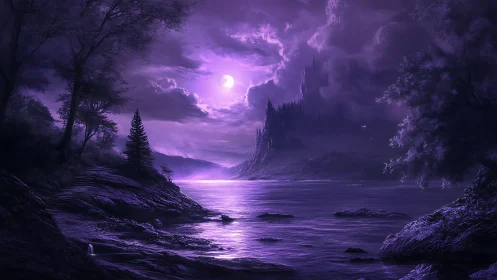Moonlit purple river with distant gothic castle at night.