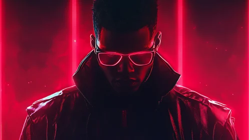 Neon-bathed cyber silhouette with high-contrast rim lighting.