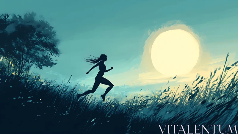 Digital painting silhouette runner against oversized sun field.
