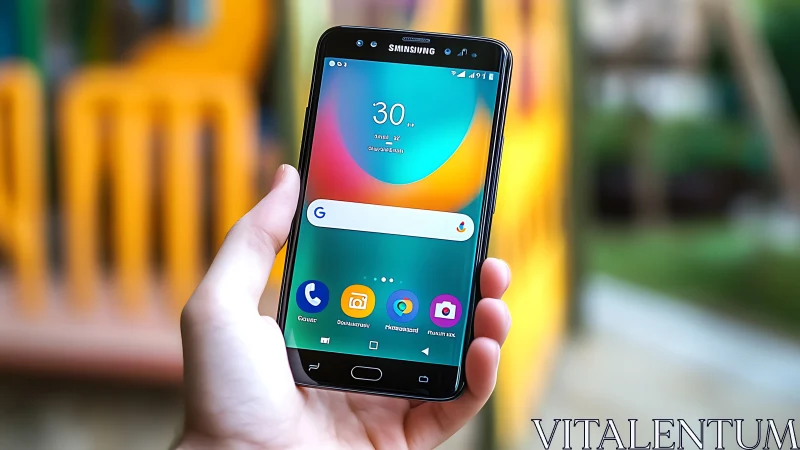 Samsung smartphone displaying colorful home screen interface