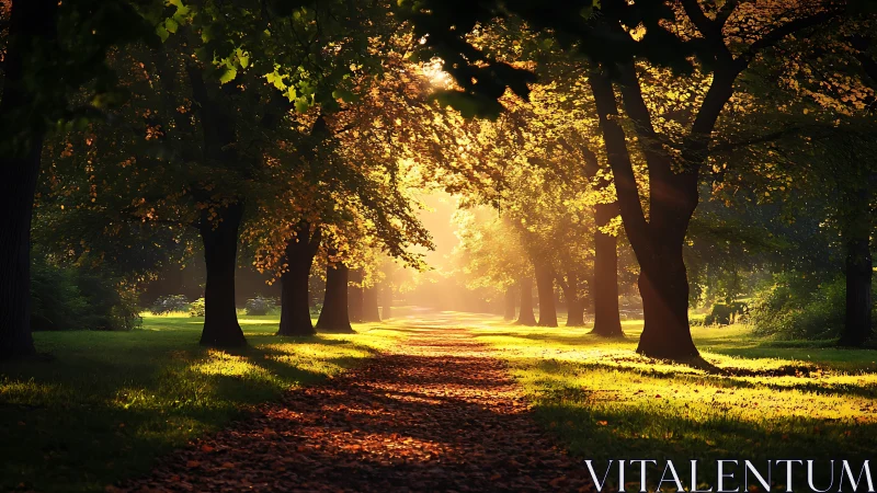 Golden hour tree avenue with dappled light and deep shadows.