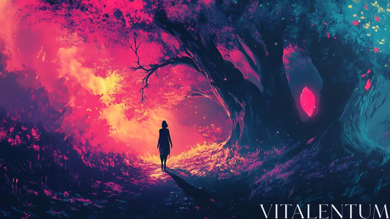 Solitary figure crossing neon-lit enchanted forest path.