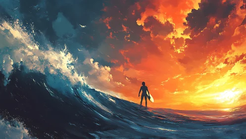 Sunset surfer greets glowing waves beneath a blazing sky