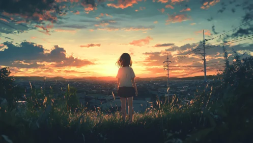 Girl overlooking suburban townscape under vivid sunset sky.