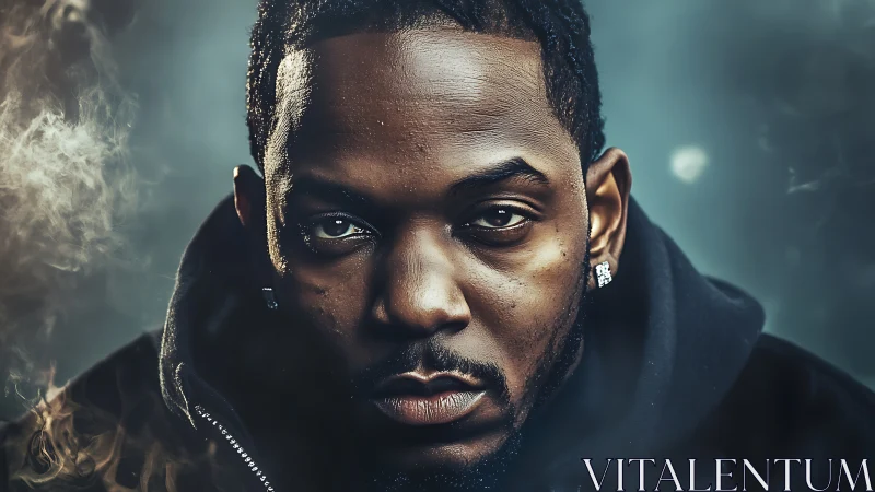 Close-up portrait of man in dark hoodie with smoke haze.