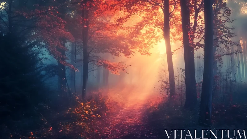 Sunset Pathway Through Misty Forest with Golden Light