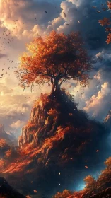 Solitary deciduous tree occupies the summit of a rocky hill