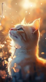Golden Hour Cat Looking Upward Among Wildflowers