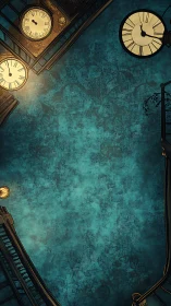 Curved clockwork stairways framing teal textured void.