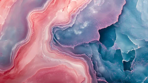 Layered pink and teal geode cross section reveals crystalline depth