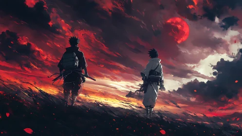 Two warriors under red storm sky at twilight.