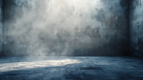 Textured concrete room with moody volumetric side lighting.