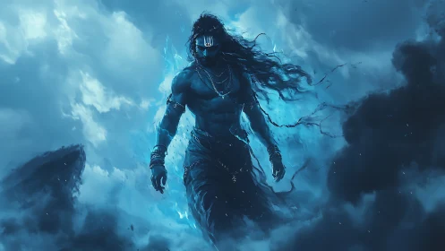 Storm-clad warrior strides through blue celestial clouds