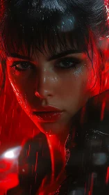 Rain‑lit cyber portrait of woman in vivid red glow.