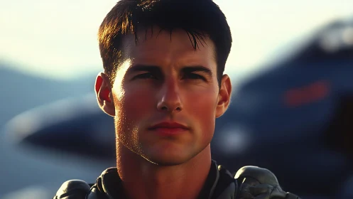 Male pilot portrait in flight gear near military aircraft.