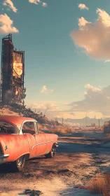 Rust-red classic car in desolate sunlit desert highway scene.