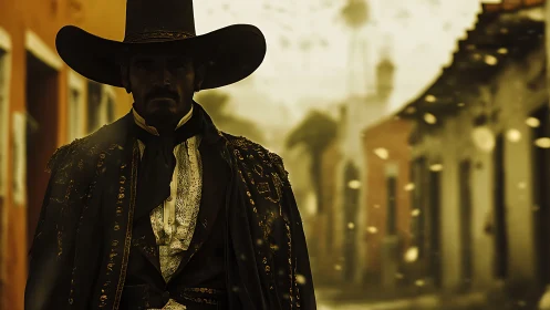 Man in traditional charro attire on narrow historic street.