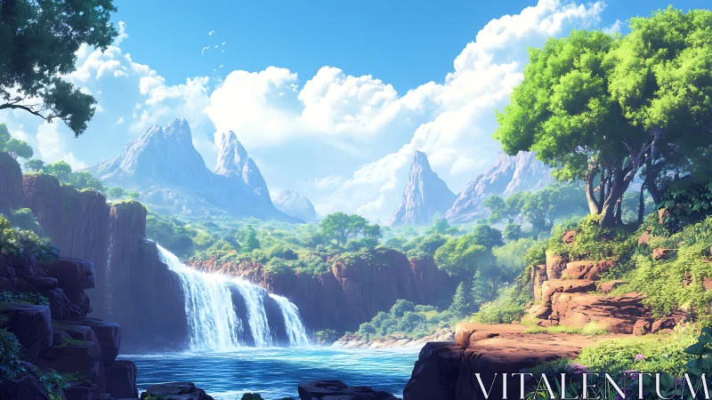 Mountain valley landscape with waterfall and rocky riverbank.