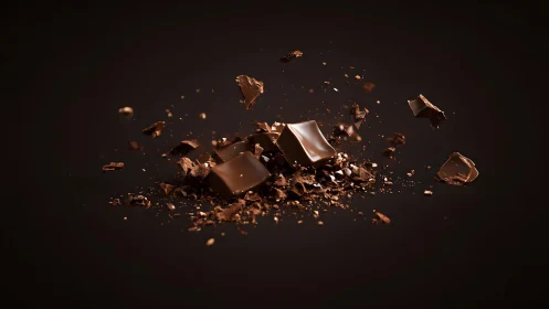 Exploding chocolate pieces in dark, dramatic minimalist style.