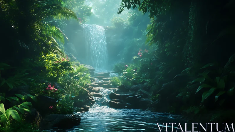 Emerald hush of a hidden rainforest waterfall sanctuary.