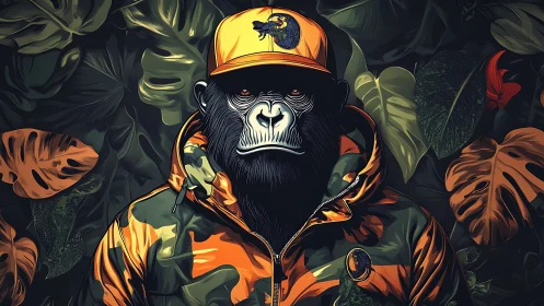 Gorilla in camouflage jacket and cap stands before dense foliage