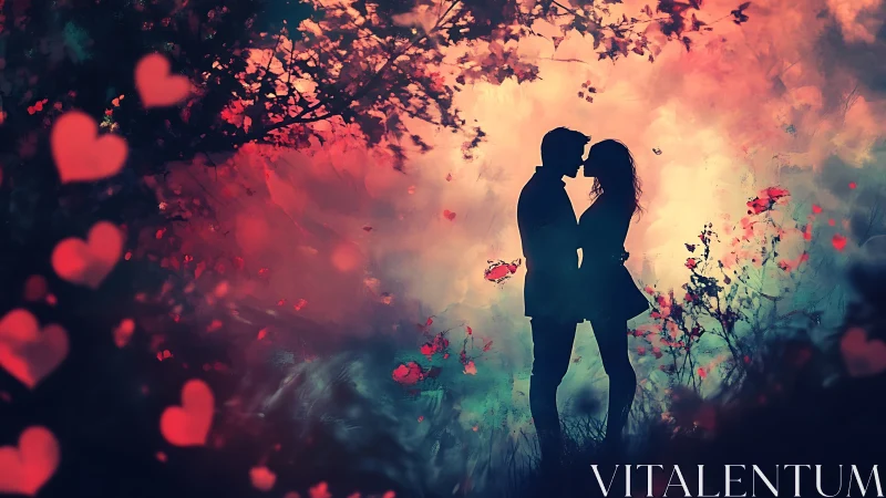 Silhouetted Couple Kissing in Dreamlike Floral Garden