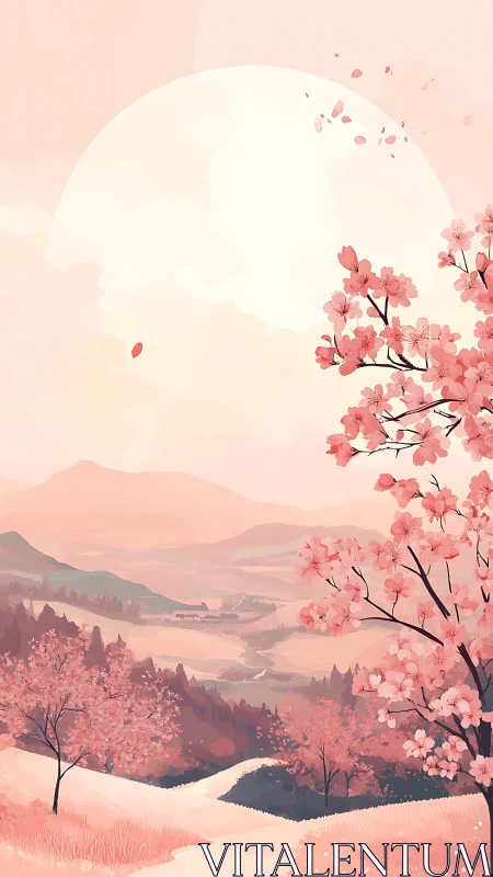 Cherry blossom valley landscape under large pale sun.